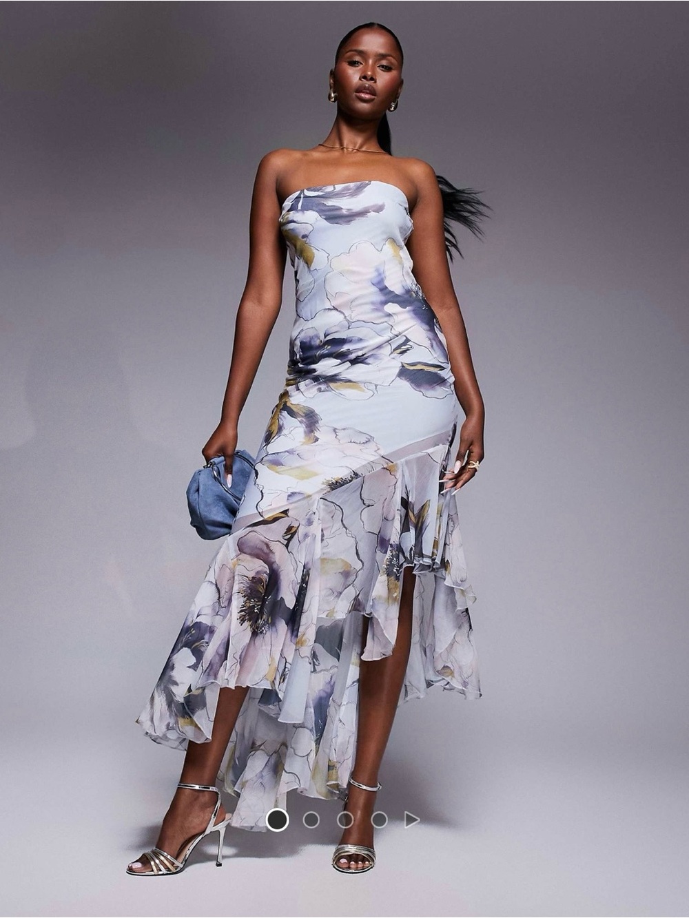 ASOS DESIGN Bandeau Maxi Dress Asymmetric Ruffle Hem Floral Print UK 8 US 4 - Picture 1 of 7